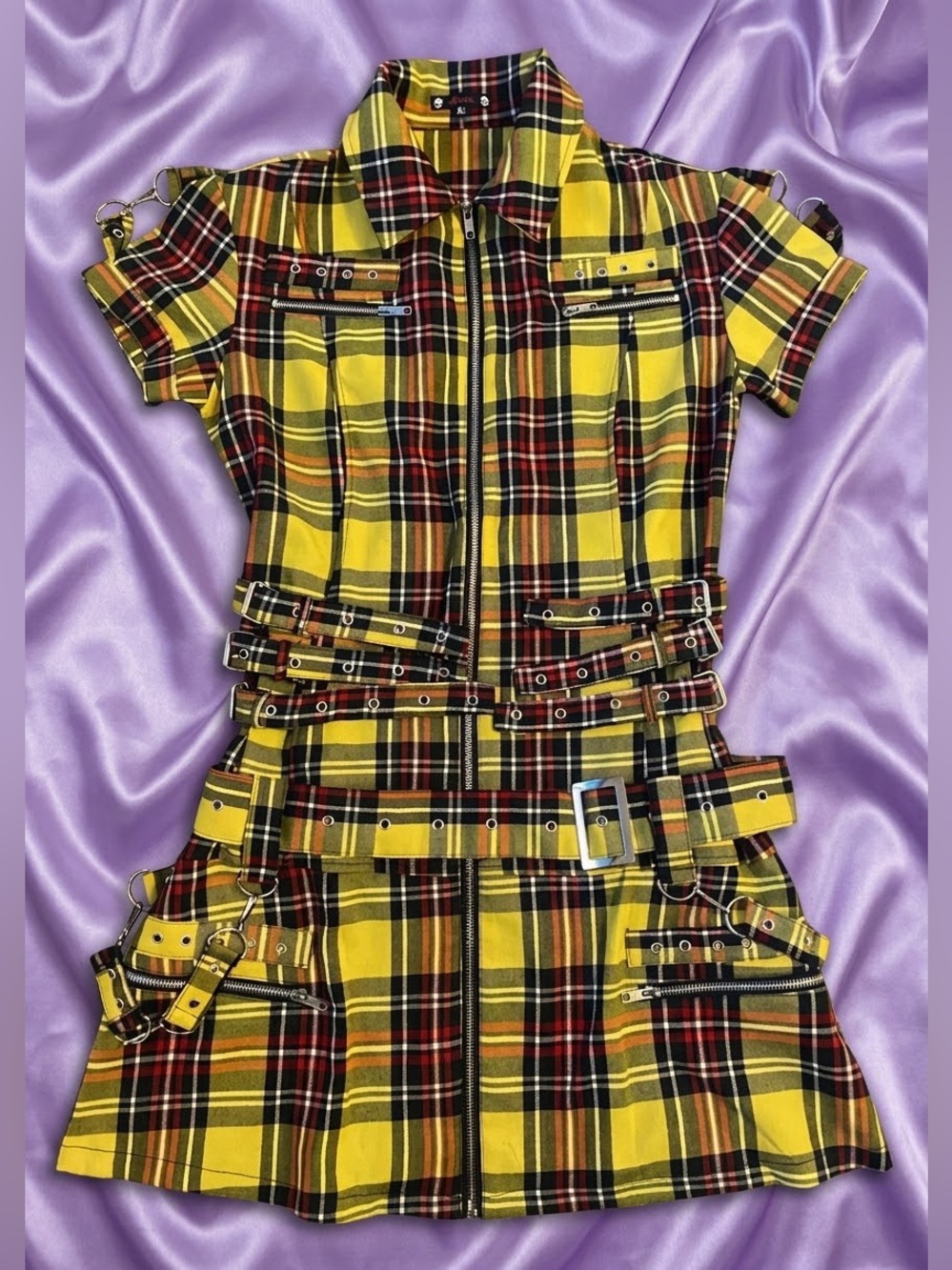 Vintage Hell Bunny XL Mall Goth Plaid Dress straps belts chains punk y2k